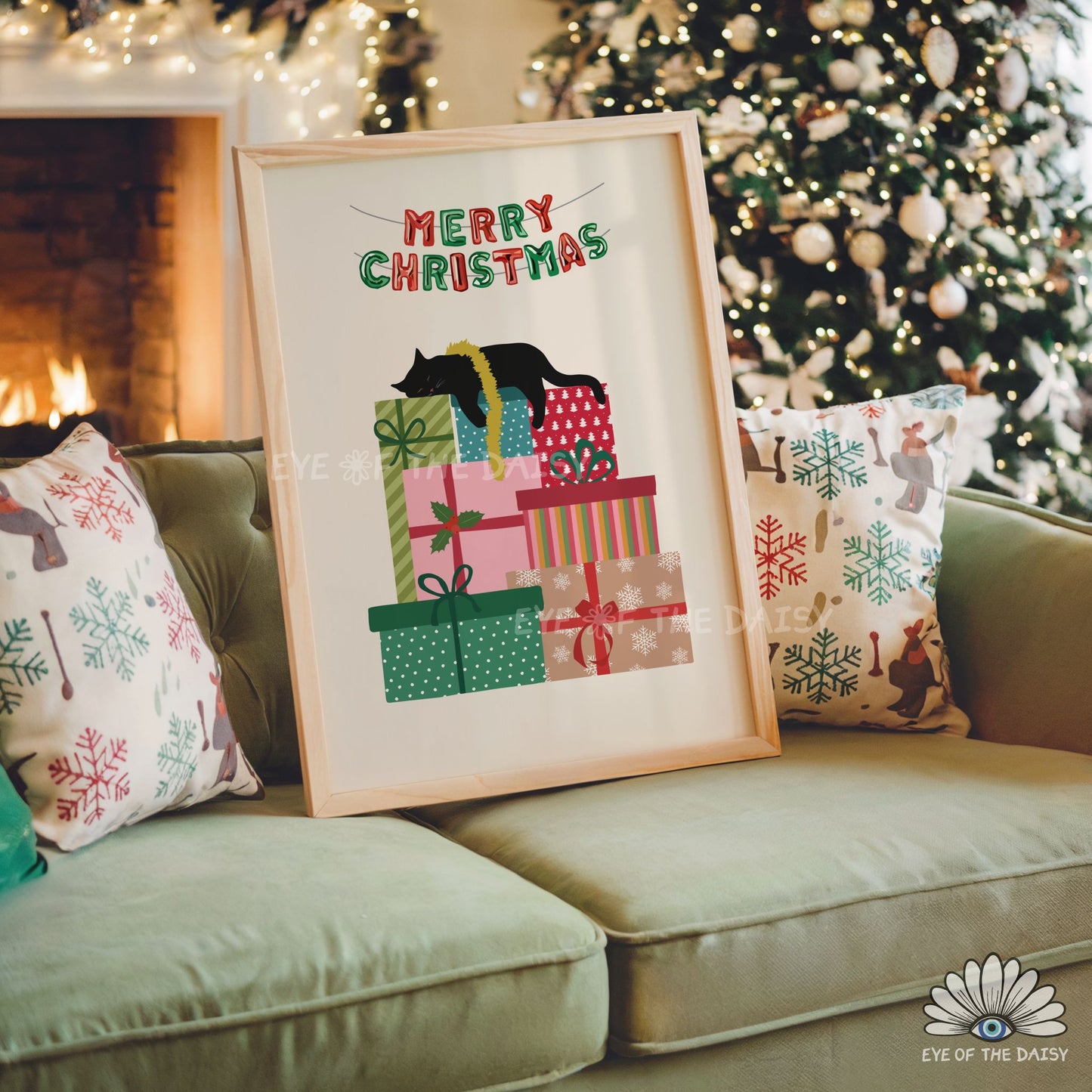 Sleeping Black Cat Print Digital Download | Cute Whimsical Christmas Printable Wall Art