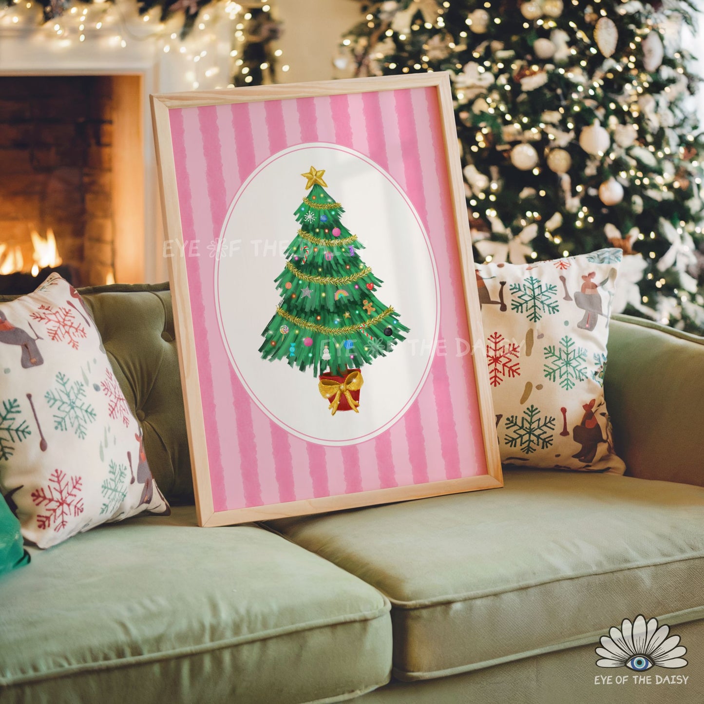 Striped Christmas Tree Print Digital Download | Pink Vintage Holiday Printable Wall Art
