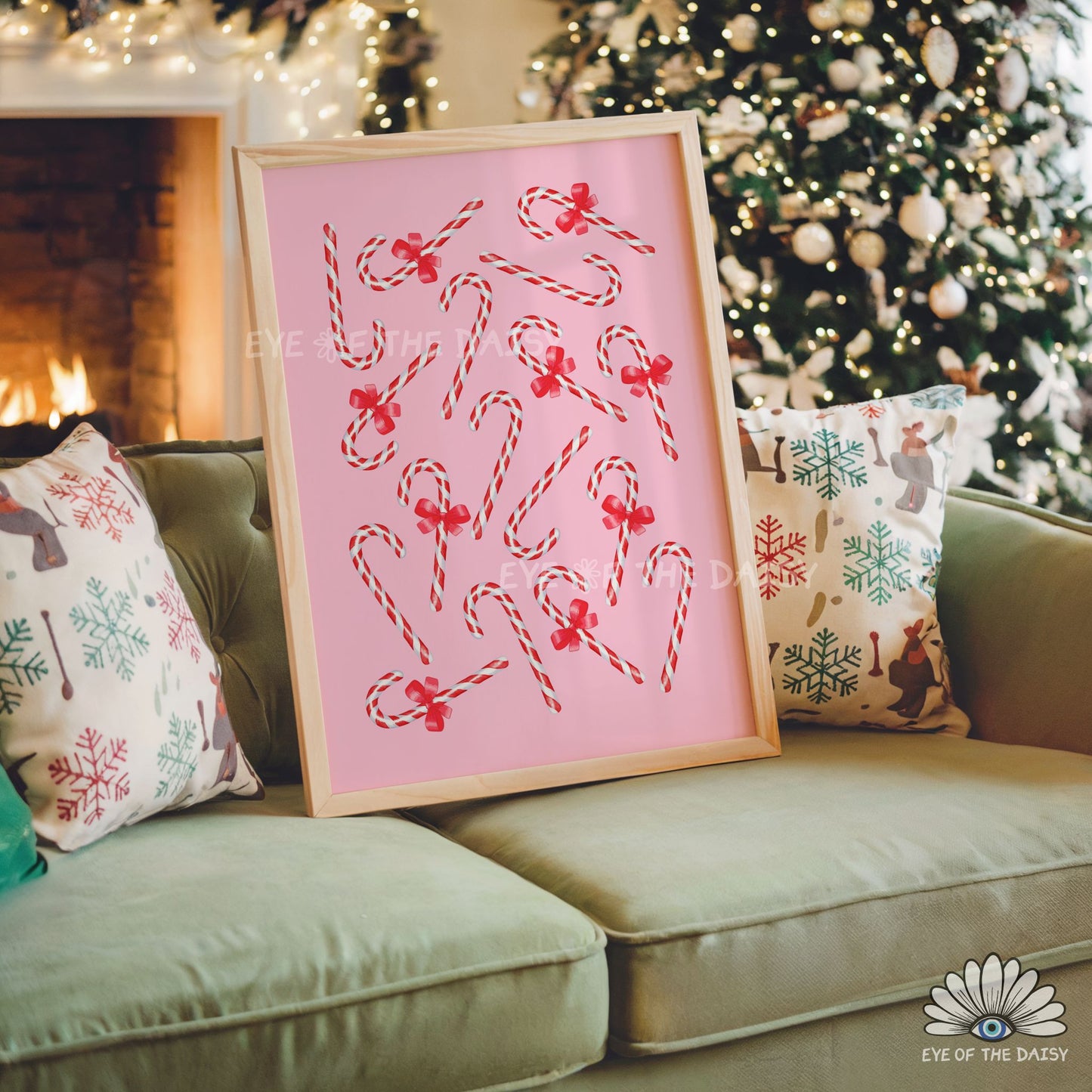 Pink Red Bows Candy Canes Print Download | Cute Whimsical Christmas Printable Wall Art