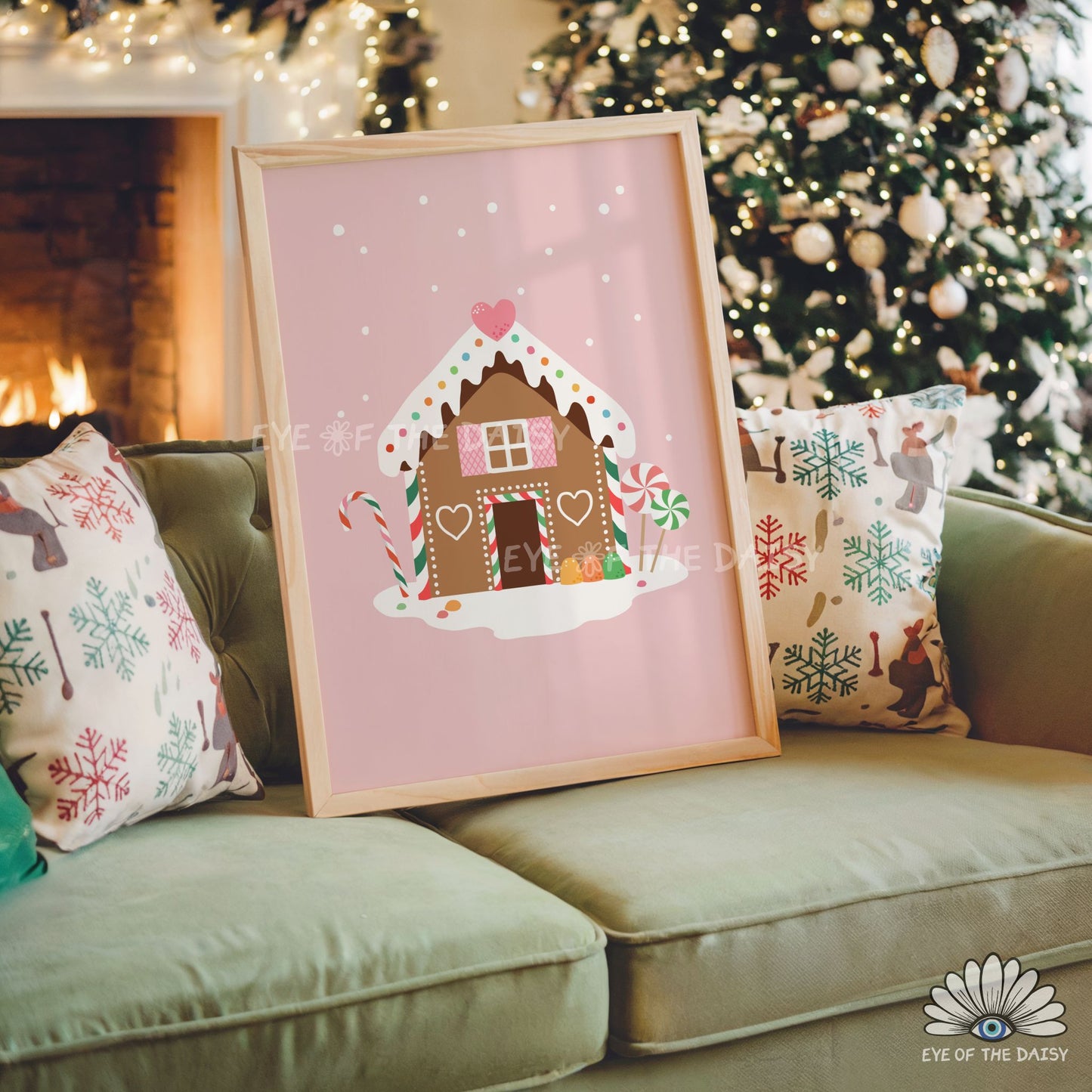 Christmas Gingerbread House Print Digital Download | Pink Holiday Printable Wall Art