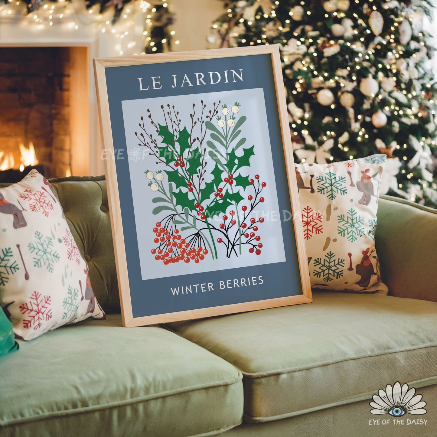 Navy Blue Winter Berries Print Digital Download | Vintage Winter Botanical Printable Wall Art