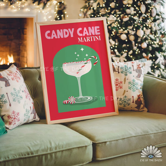 Retro Candy Cane Martini Print Digital Download | Christmas Cocktail Printable Wall Art