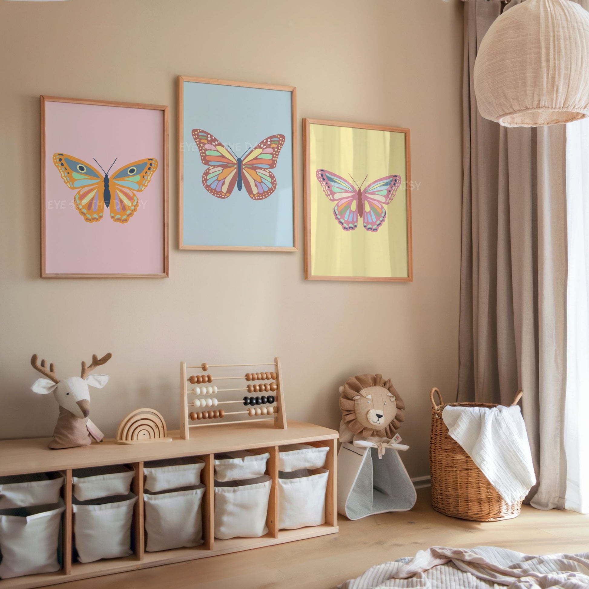 Hand-drawn pastel butterfly wall art printables for kids' bedroom, whimsical downloadable artwork set, vintage nursery poster decor