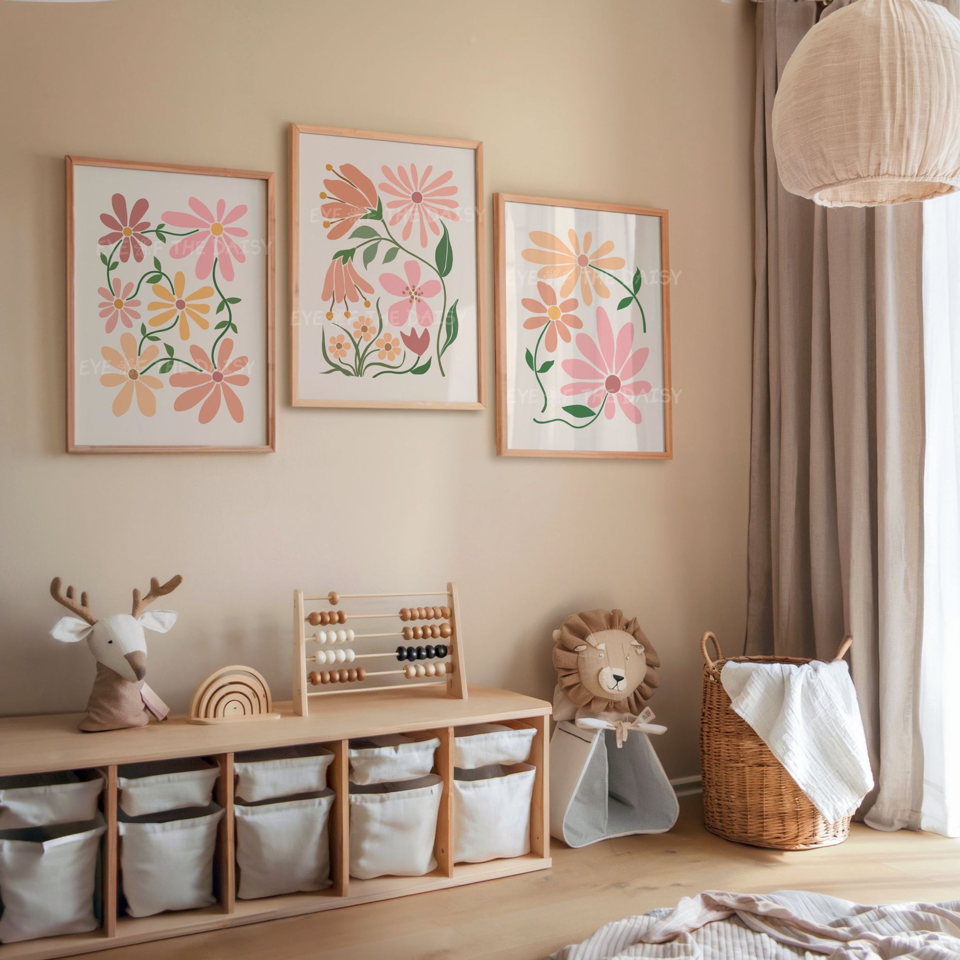 Neutral flower cut-out wall art set – printable boho decor for children’s room, set of 3 floral posters in blush and beige tones