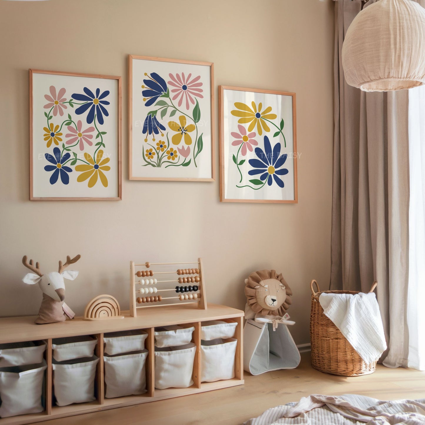 Set of 3 abstract floral wall prints with mustard yellow, navy blue and blush pink flowers on beige, great for boho children's room or nursery decor