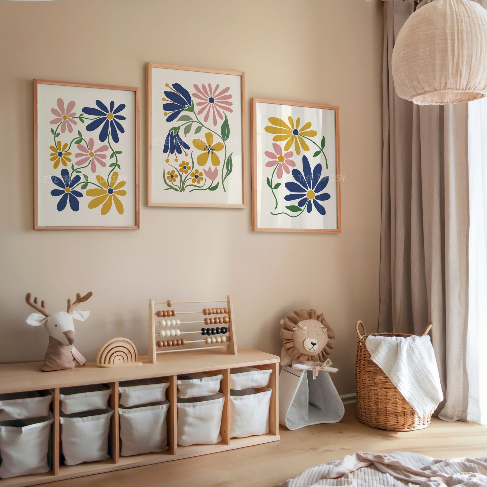 Set of 3 abstract floral wall prints with mustard yellow, navy blue and blush pink flowers on beige, great for boho children's room or nursery decor