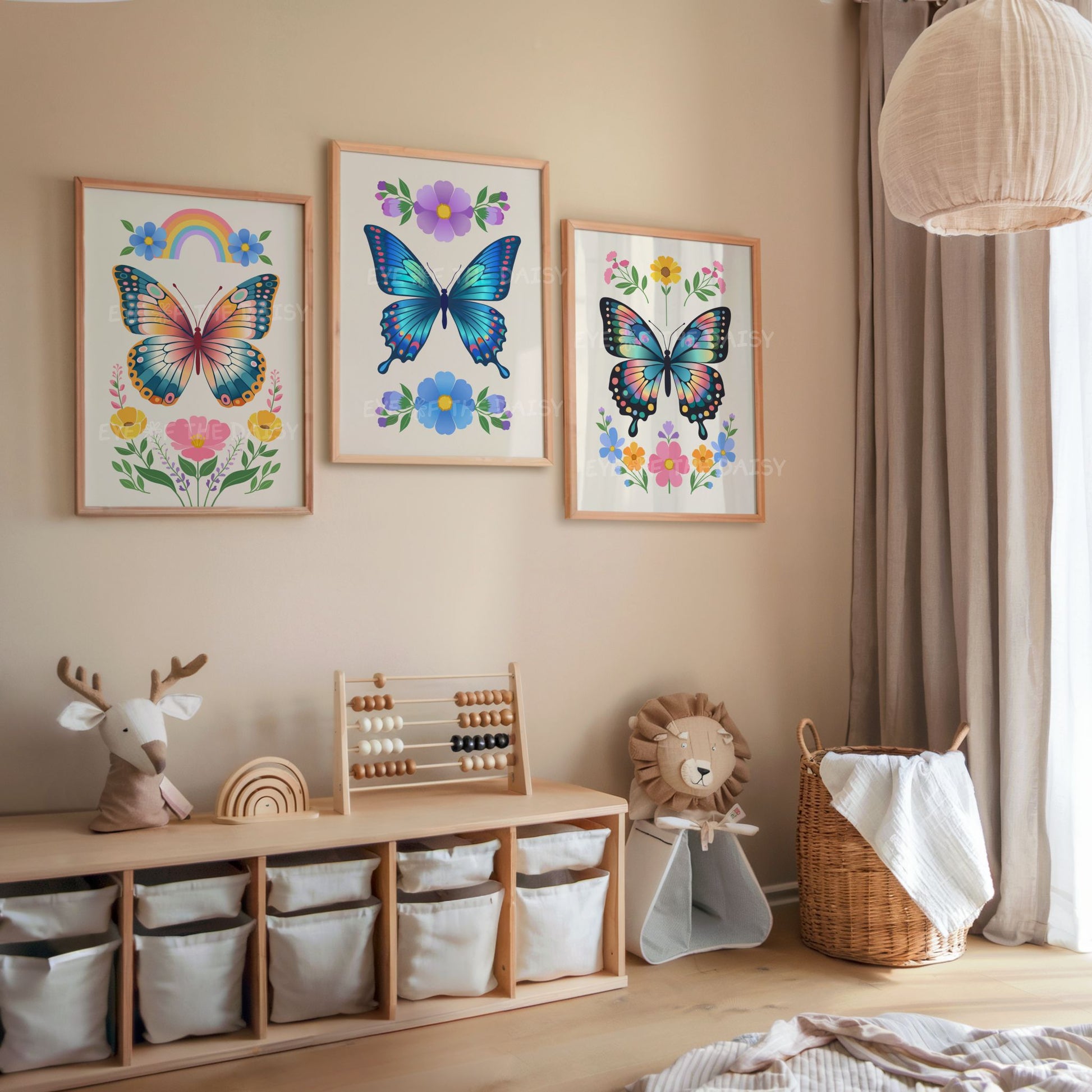 Triptych set of three vibrant butterfly printable wall art in Scandi folk art style, in a boho children's bedroom