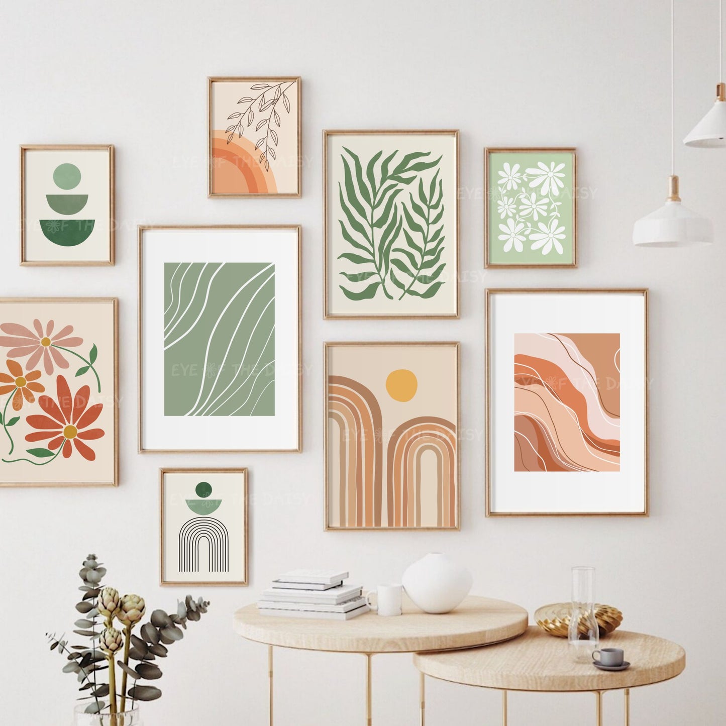 Gallery wall set of nine abstract boho prints in terracotta, burnt orange beige and olive green with botanical and shape illustrations