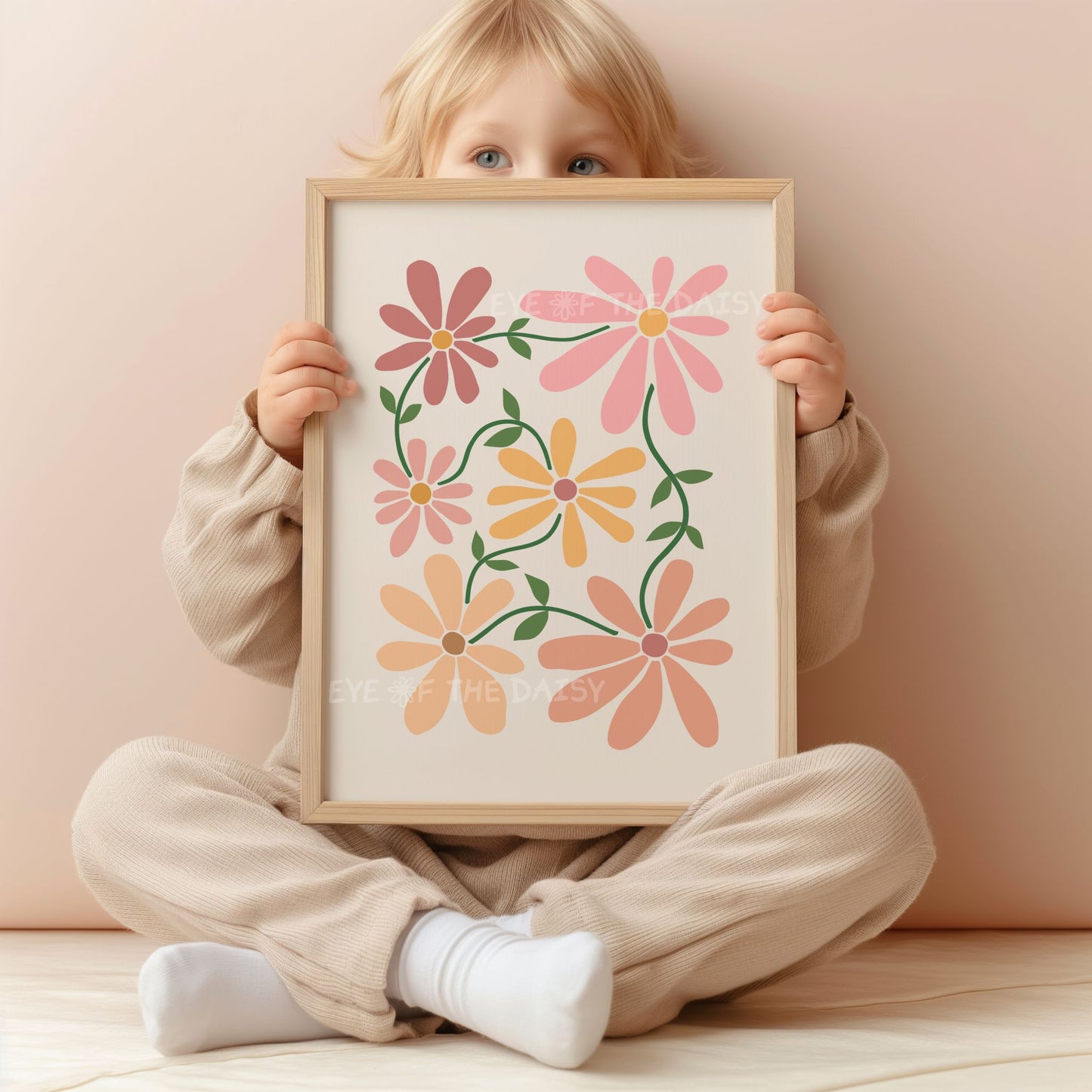 Beige flower print for kids’ room – neutral minimalist floral cut-out poster, printable boho wall art for child’s room or play space