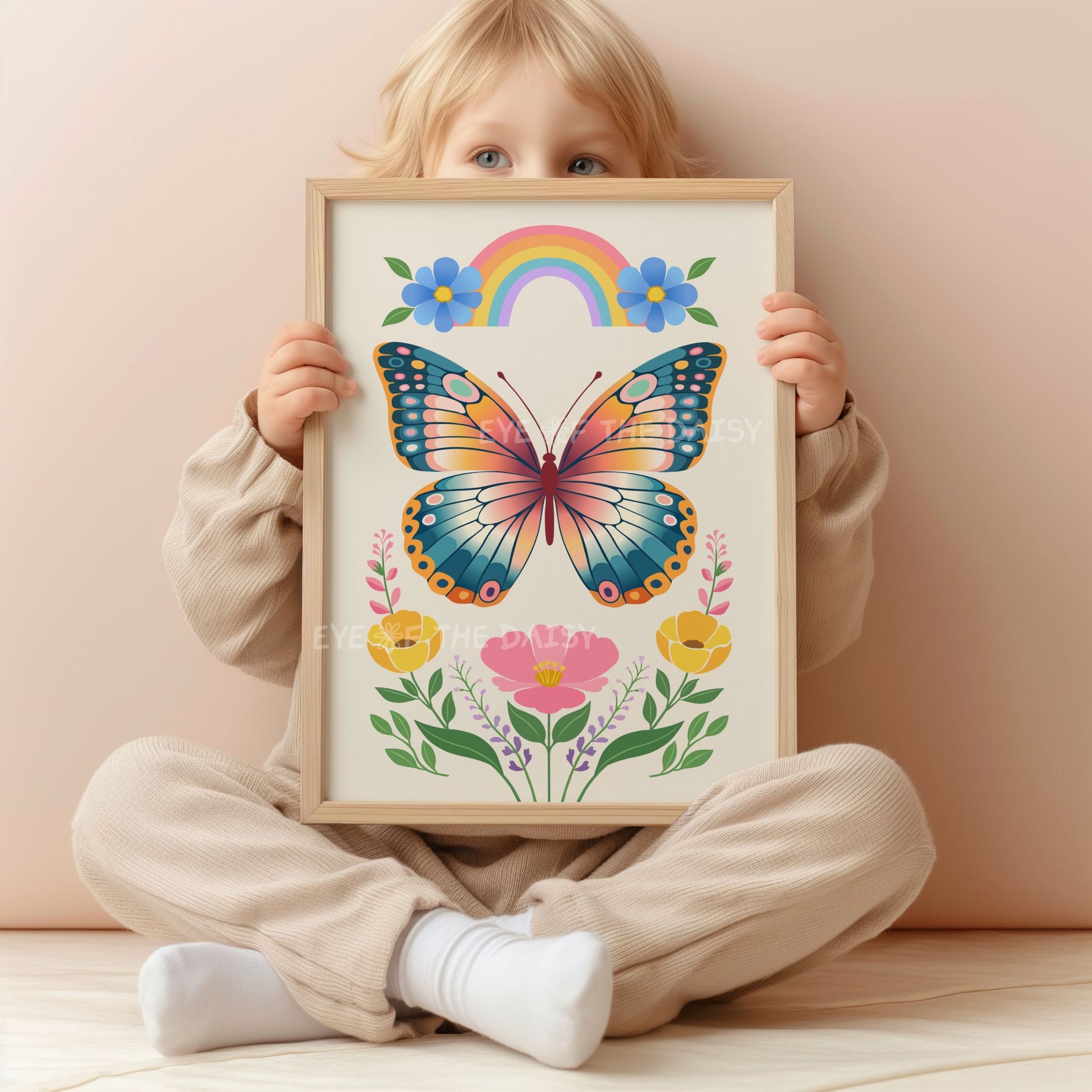 Cute flowers and butterfly print with of a boho style butterfly, rainbow, and Norwegian folk art style floral illustration