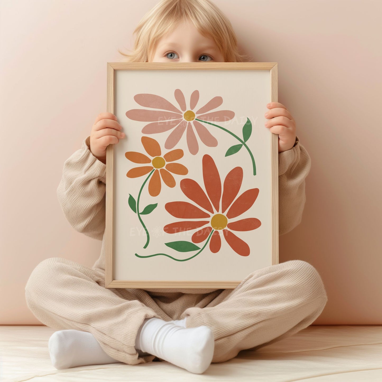 Boho flowers poster with abstract stylized daisies in terracotta and burnt orange on beige, great for neutral wall decor