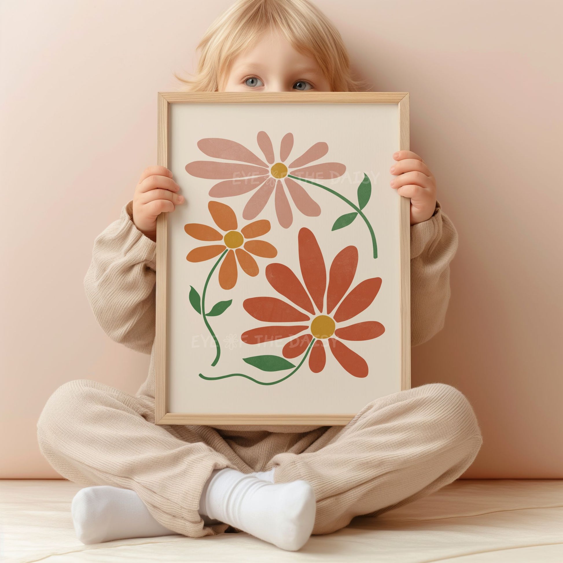 Boho flowers poster with abstract stylized daisies in terracotta and burnt orange on beige, great for neutral wall decor