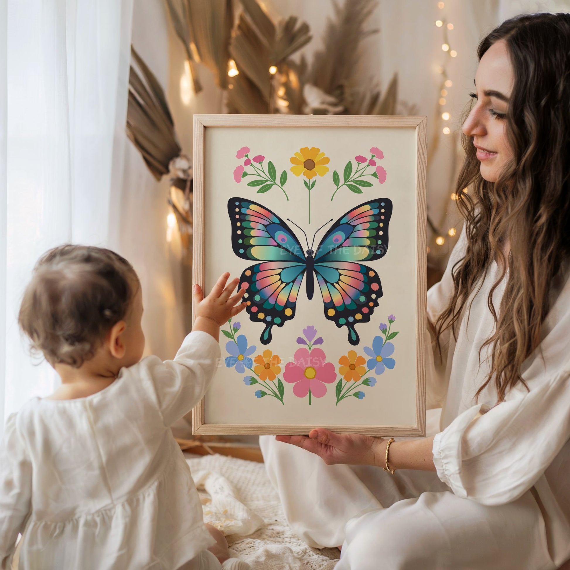 Colorful eclectic butterfly and flowers wall art print in a children's nursery room, beautiful vibrant boho butterfly printable