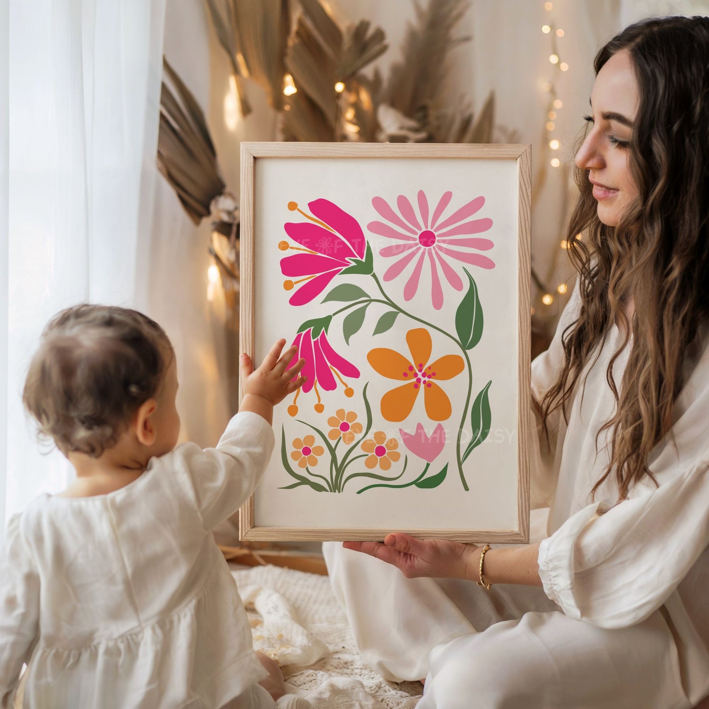 Bold pink and orange daisy print for vibrant boho decor, digital download artwork for gallery wall or girls’ nursery room, printable poster