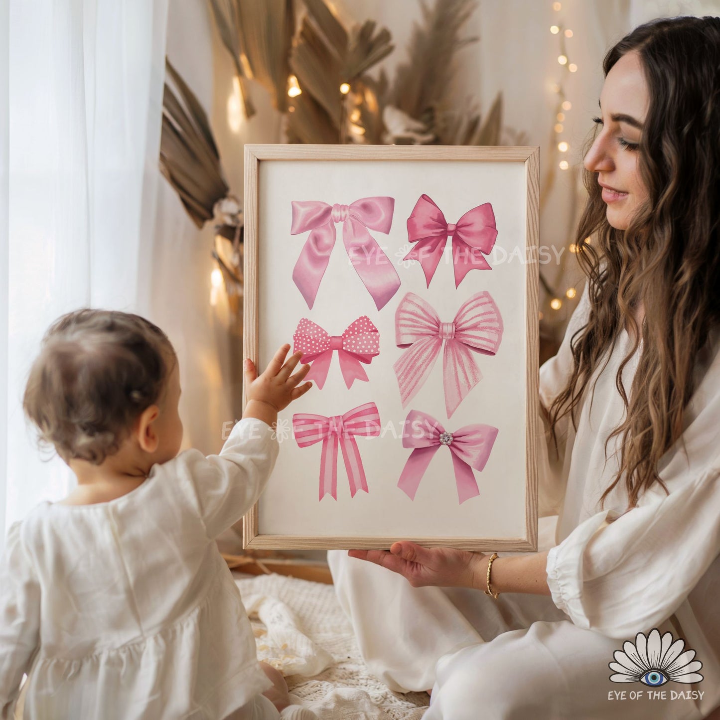 Cute girly bows wall art print, pastel pink trendy ribbons printable wall art for nursery room