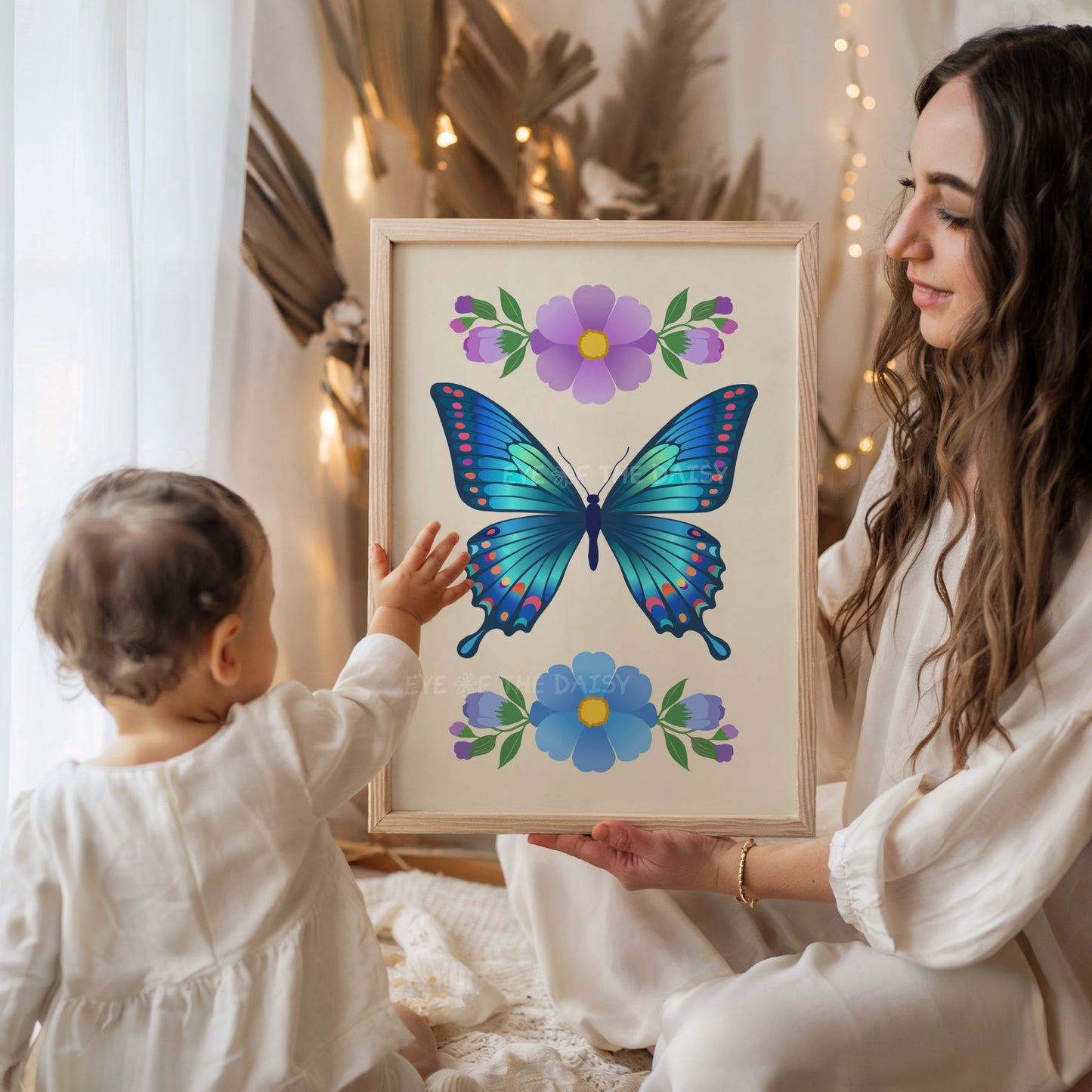 Bright blue butterfly flowers Norwegian folk art print, lovely boho butterfly printable DIY wall decor