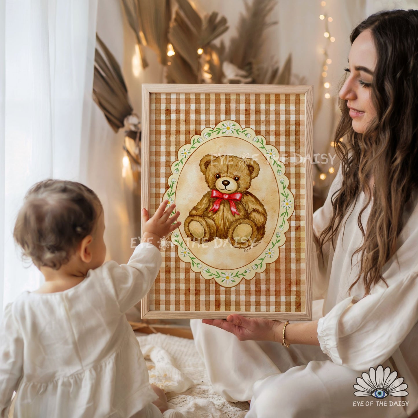 gender neutral vintage teddy bear watercolour print with a soft gingham border for a cozy nursery