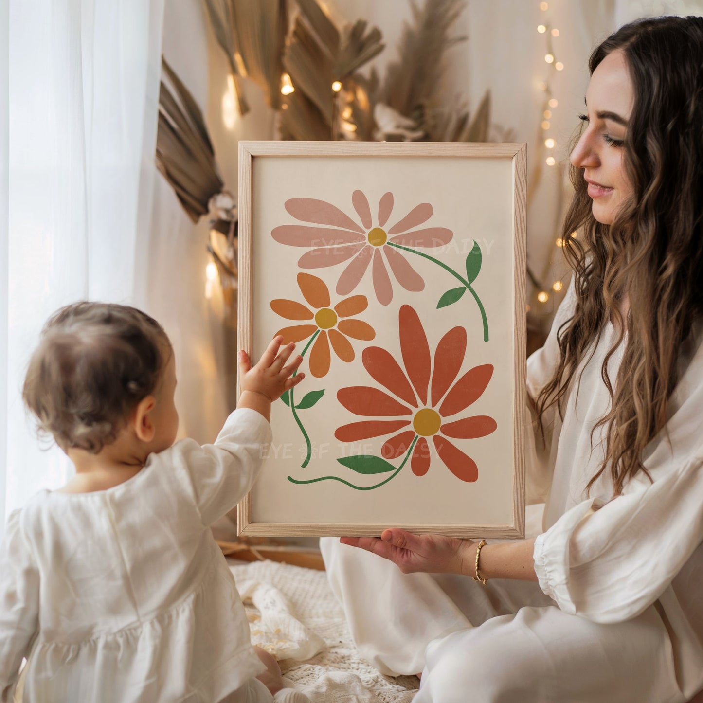 Terracotta abstract floral print in warm earth tones on beige, great for a boho or gender neutral nursery or children's bedroom