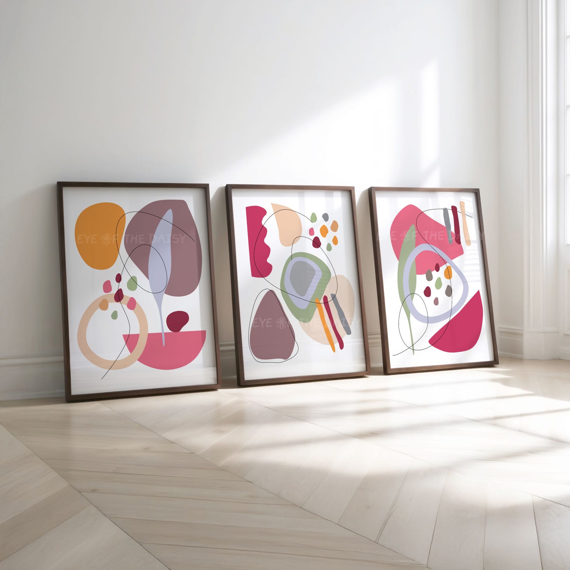 Bold colourful geometric shapes artwork, abstract triptych printable wall art set for modern Scandinavian bedroom decor