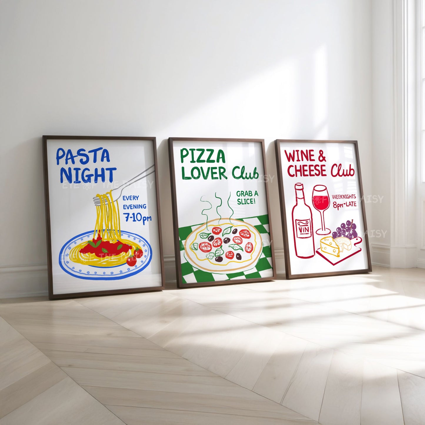 Foodie printable wall art set of three with trendy funny 'Pasta Night', 'Pizza Lover Club', and 'Wine & Cheese Club' quotes