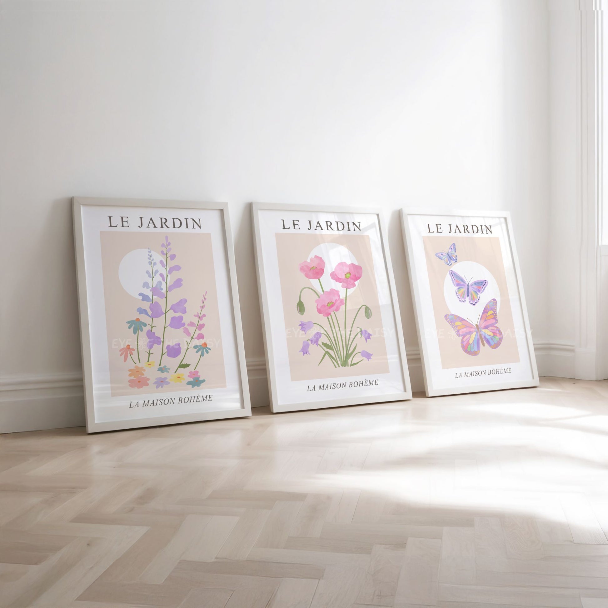 Le Jardin pastel floral triptych – soft botanical printable wall art, minimalist boho chic set perfect for calming nursery or baby girl’s room
