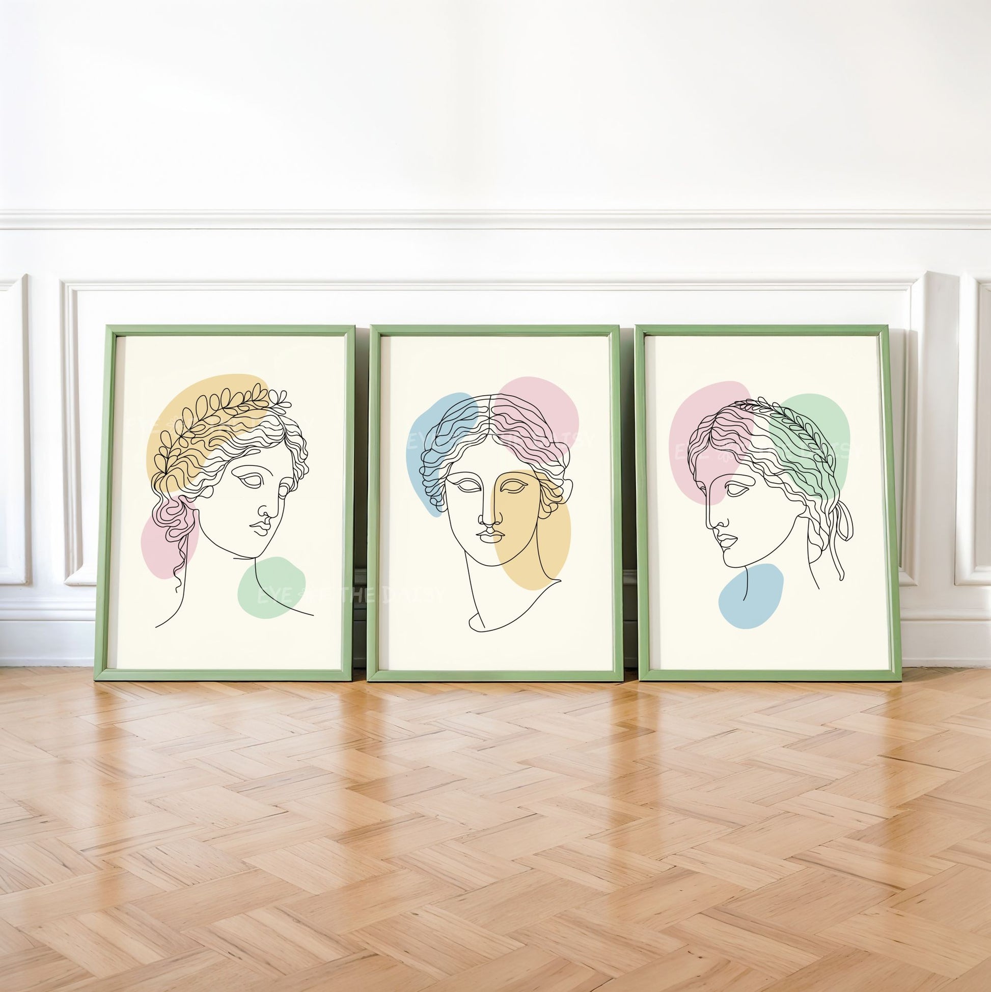 Greek statue one line drawing poster set of 3, pastel printable wall decor for a trendy Scandinavian apartment or living room