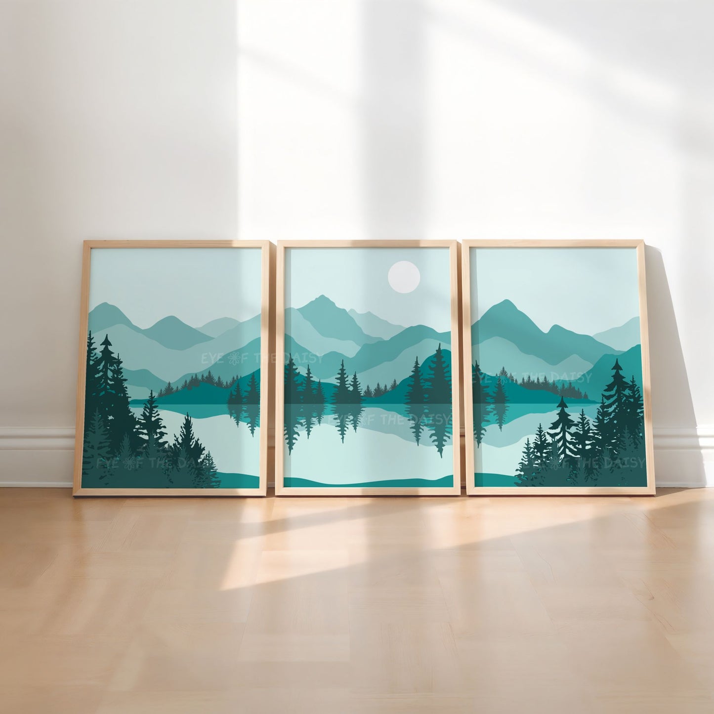 Mountain landscape print set of 3 in teal tones, with mid century modern trees, nature and minimal scenery design