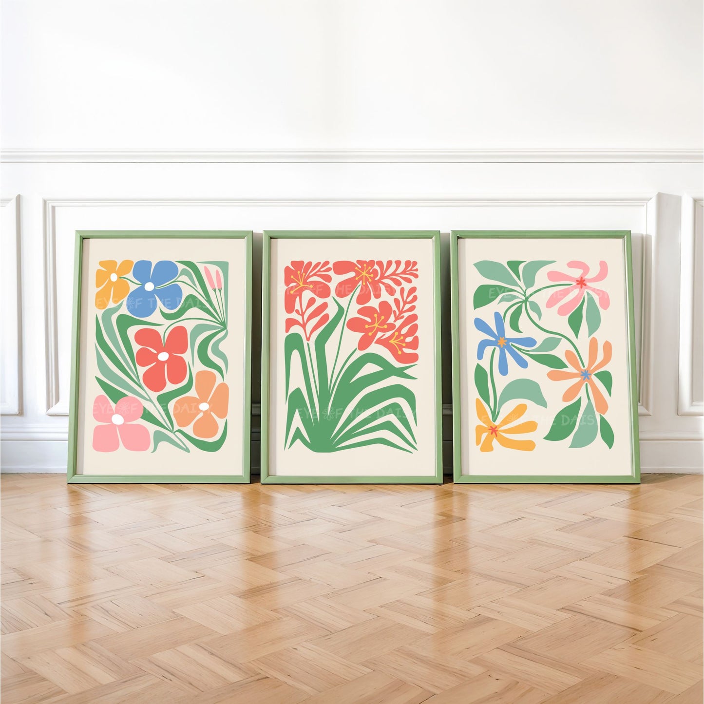 Triptych wall print set of three colourful abstract floral art prints, printable floral posters in bold colors, digital download wall decor