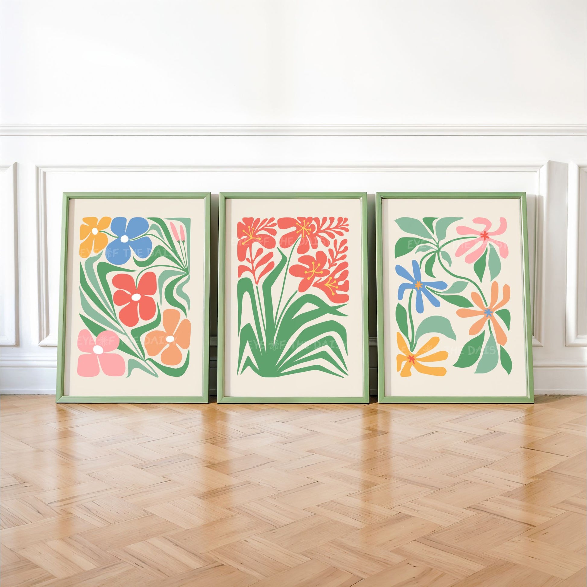 Triptych wall print set of three colourful abstract floral art prints, printable floral posters in bold colors, digital download wall decor