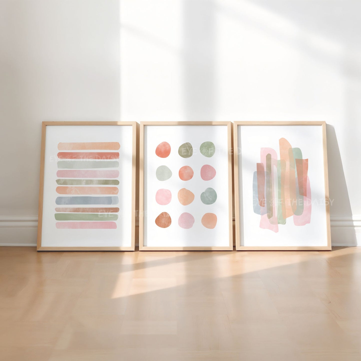 Pastel abstract digital art print set of 3 minimalist wall decor pieces with neutral tones and soft brushstrokes for clean living room styling