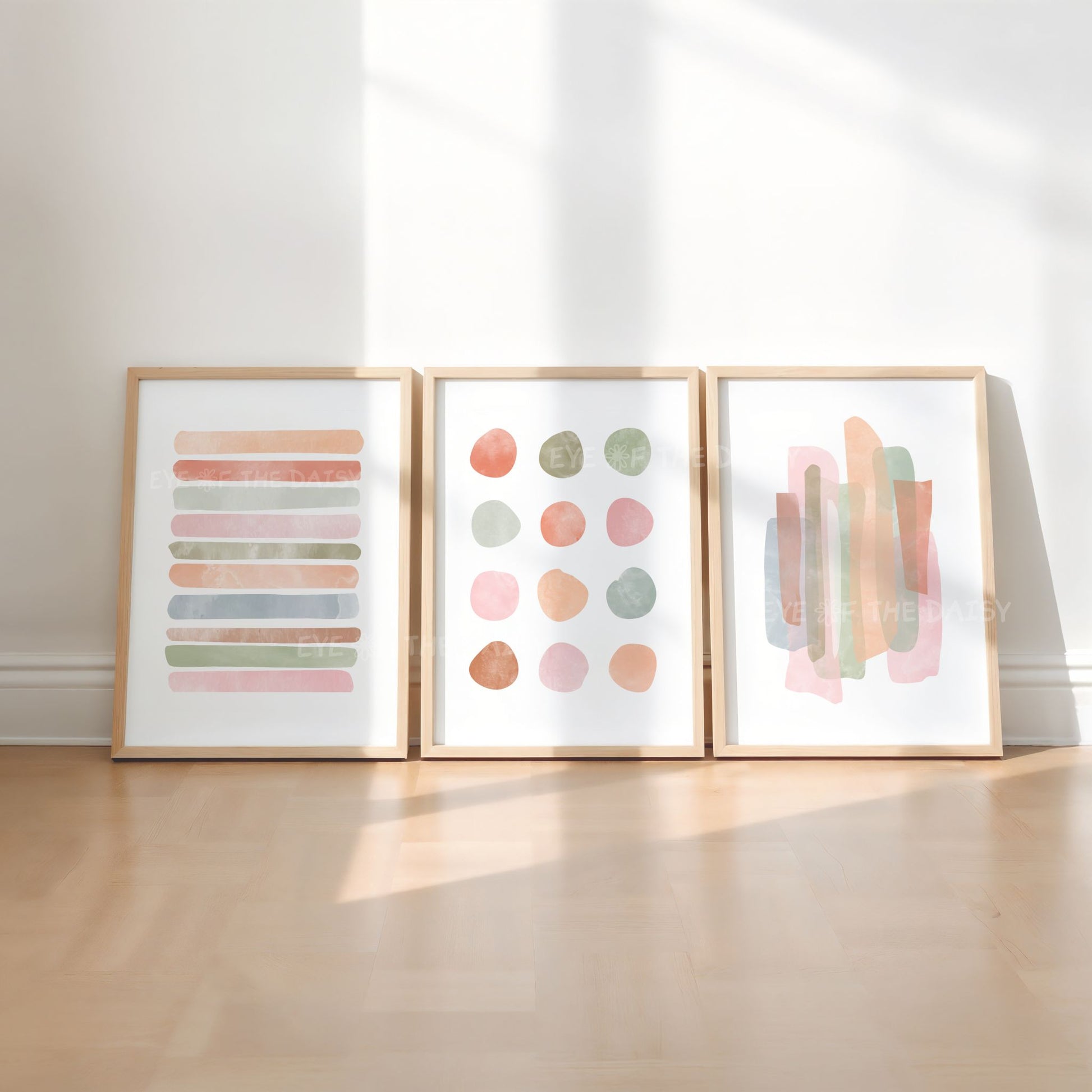 Pastel abstract digital art print set of 3 minimalist wall decor pieces with neutral tones and soft brushstrokes for clean living room styling