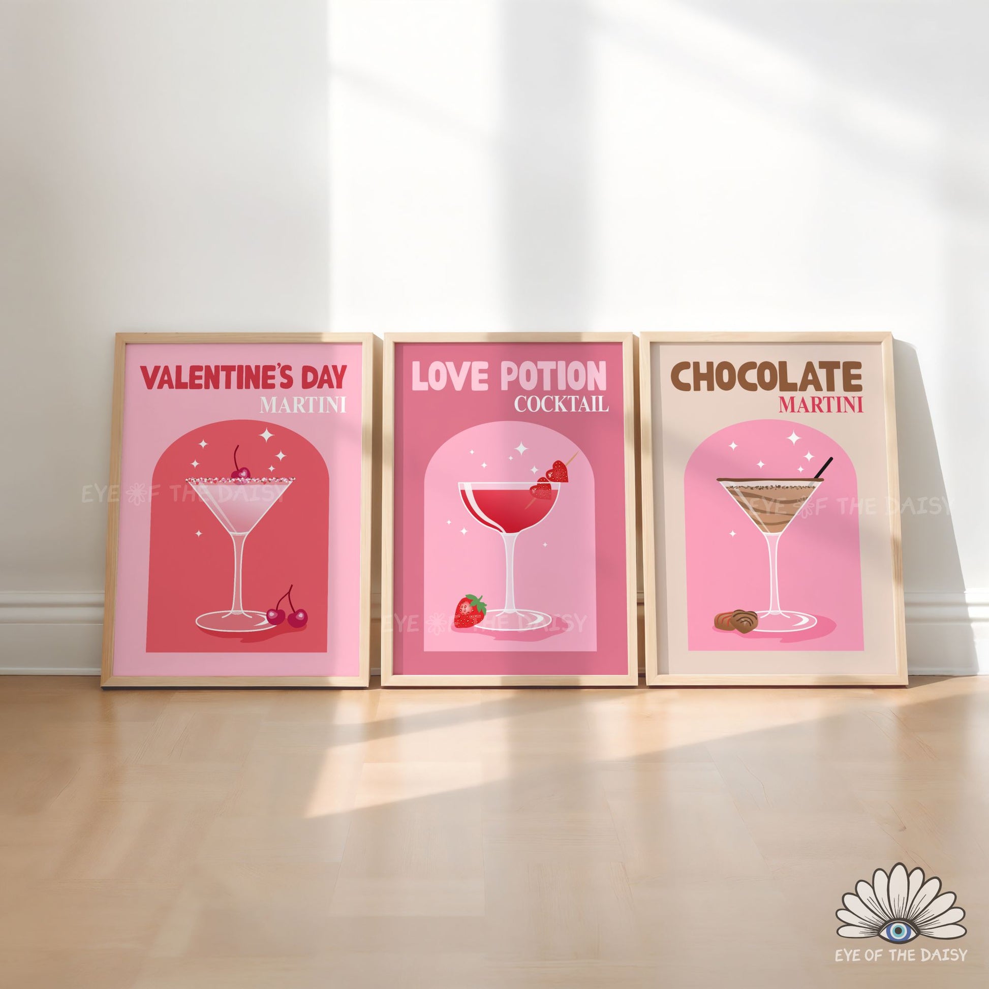 Retro Valentine’s cocktail poster digital download, Love Potion, Chocolate, and Martini drinks prints for modern home decor, cute girly vibes