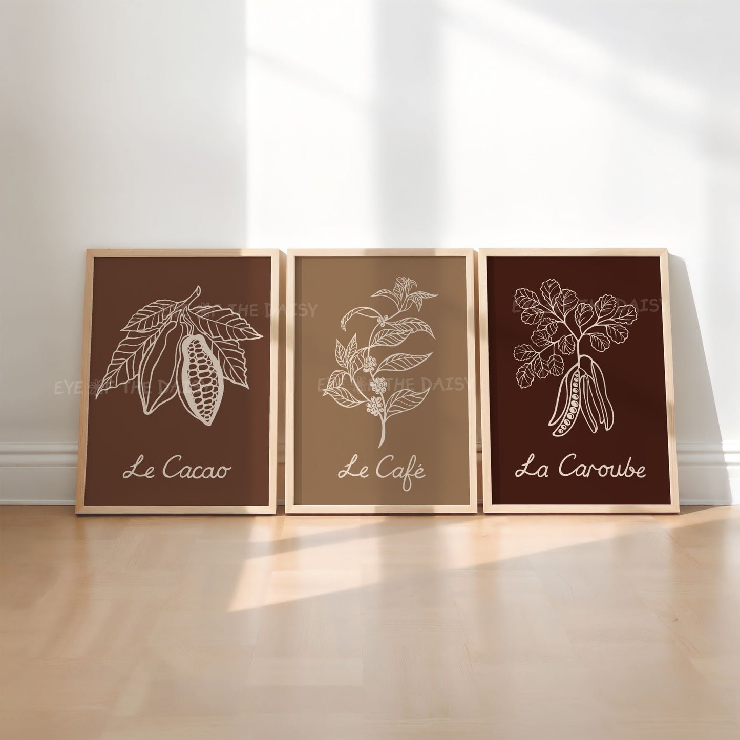 Neutral minimalist plant art set, French cocoa coffee carob posters for kitchen décor