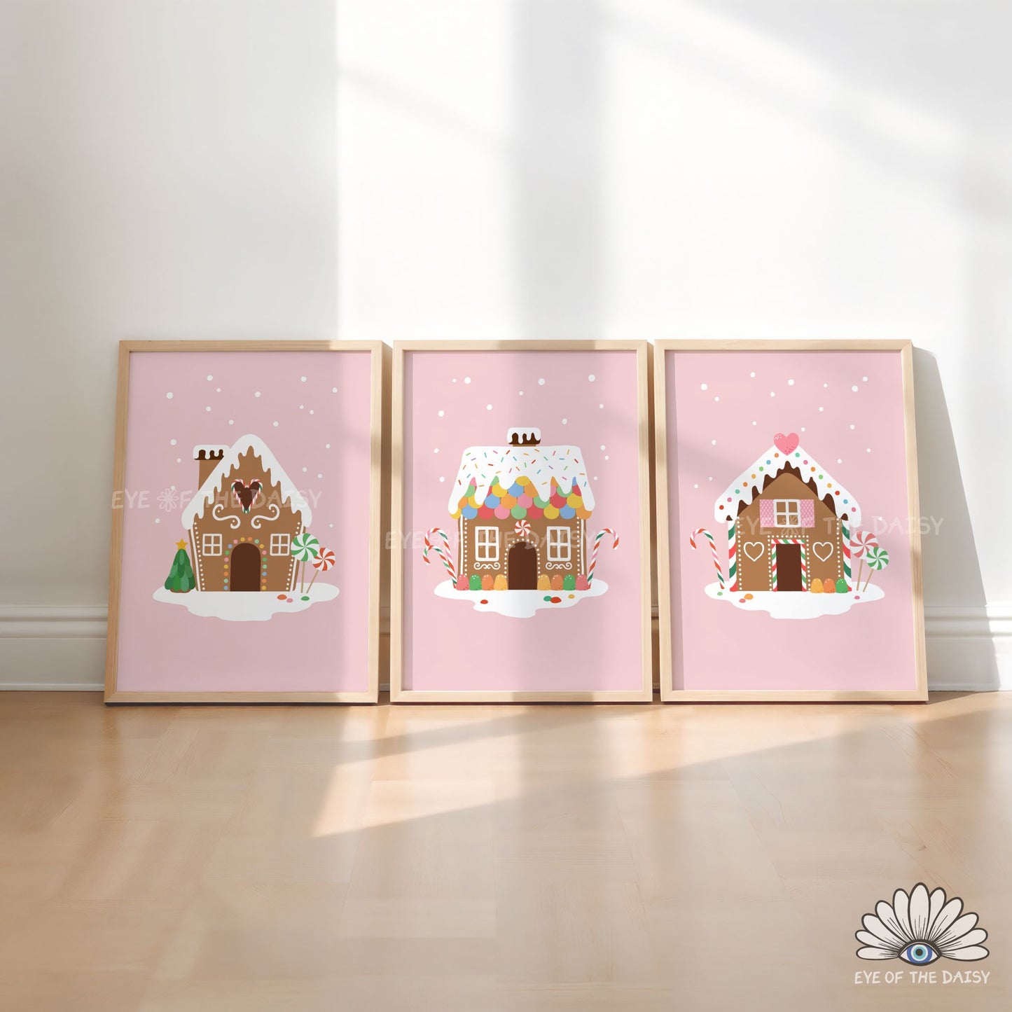 Set of 3 Gingerbread House Prints Digital Download | Pink Christmas Printable Wall Art