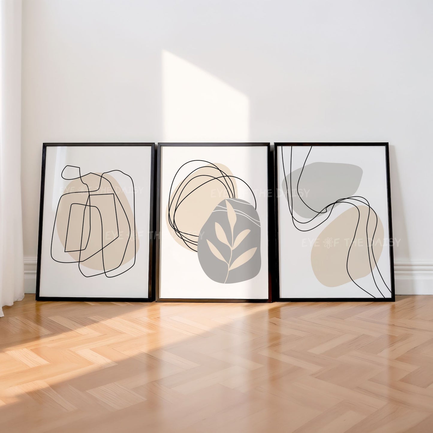 Neutral abstract line art print triptych wall art set with organic shapes, simple geometric printable poster set for a minimal living room