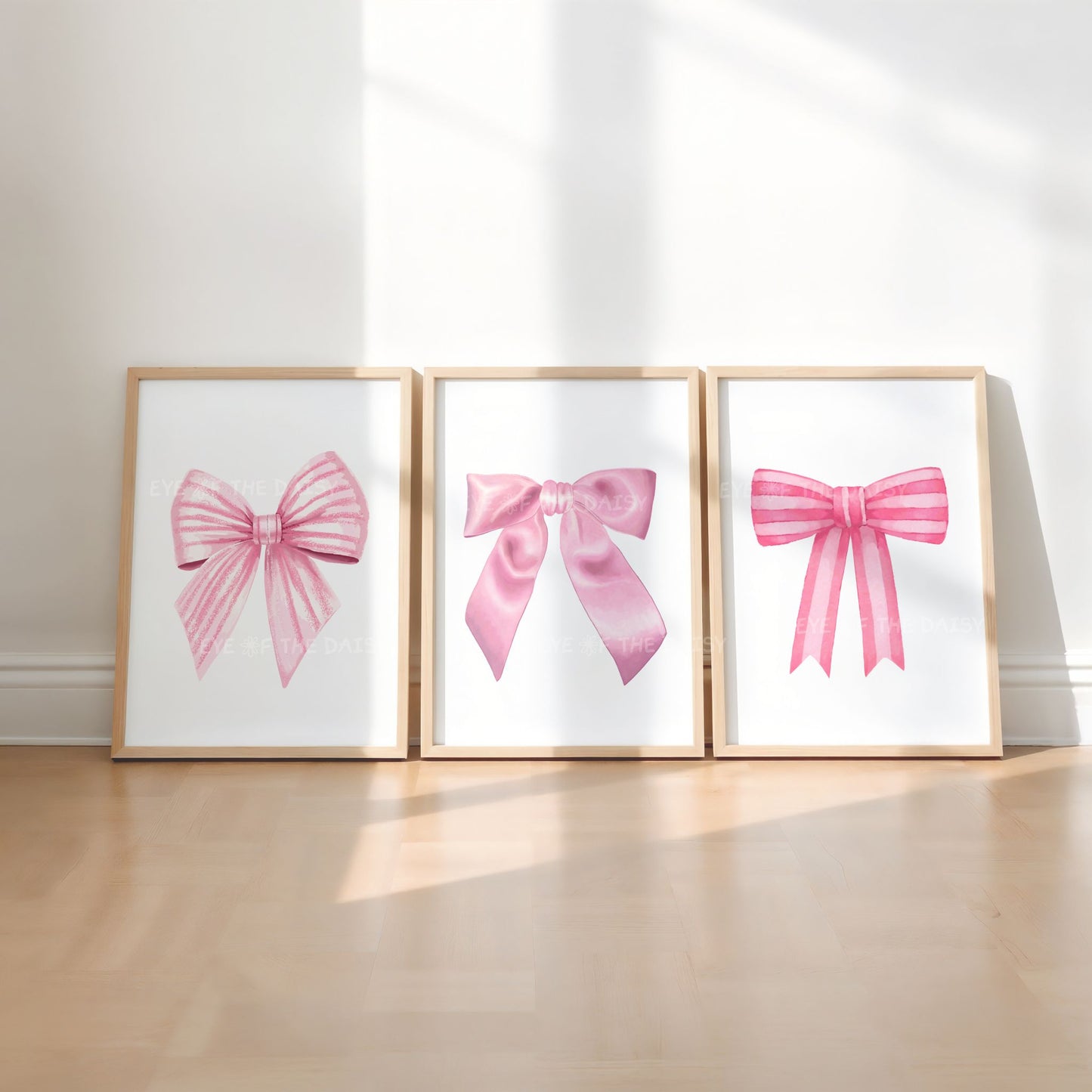 Coquette dorm room wall art – pastel pink watercolor bows print set of 3, digital download triptych for trendy gallery wall decor