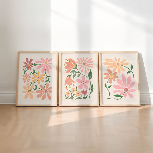 Neutral boho floral wall art set – earthy tone cut-out flower prints, printable set of 3 posters for stylish home office gallery wall