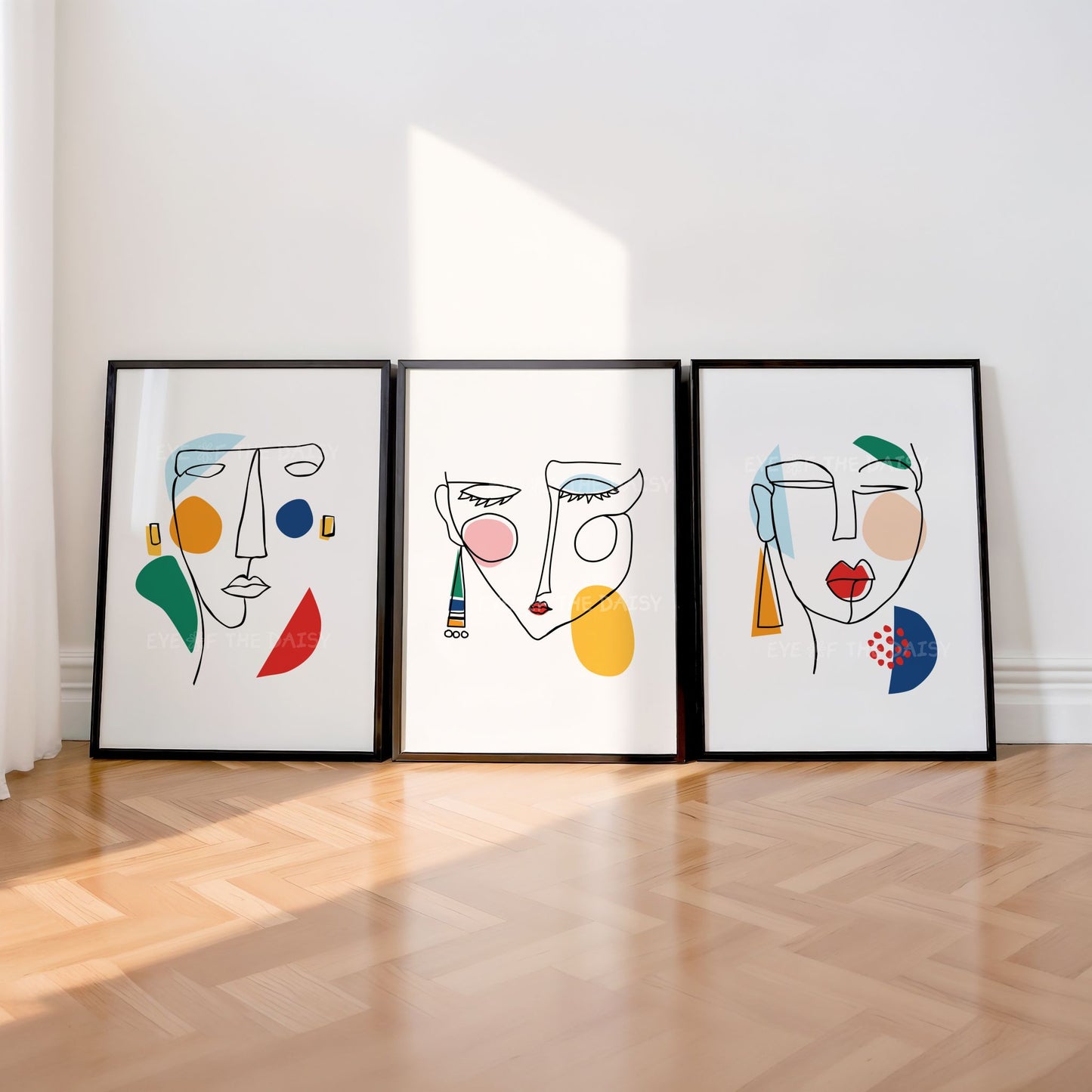 Set of 3 quirky abstract face prints, minimalist line drawing with colorful shapes, modern home office digital download wall art