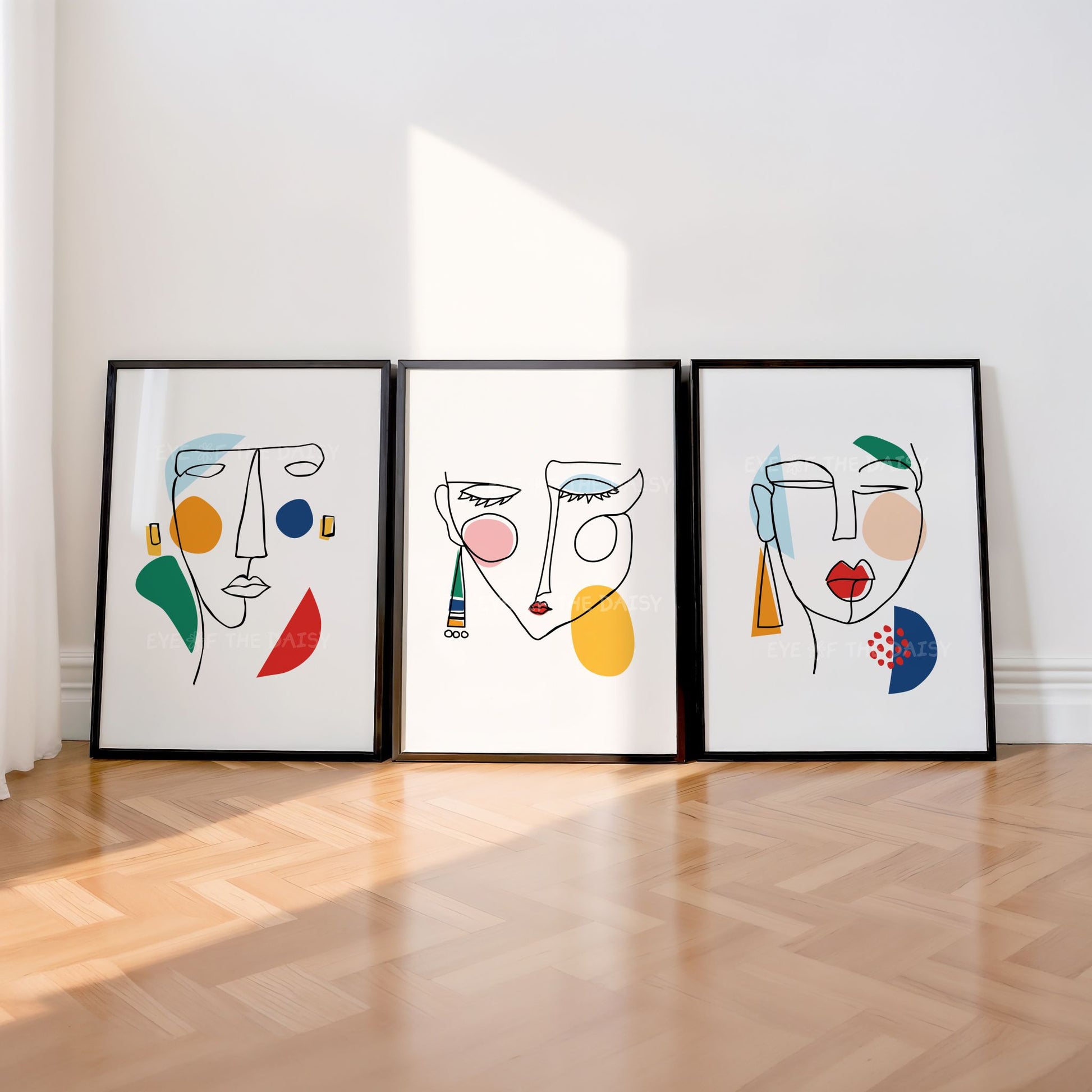 Set of 3 quirky abstract face prints, minimalist line drawing with colorful shapes, modern home office digital download wall art