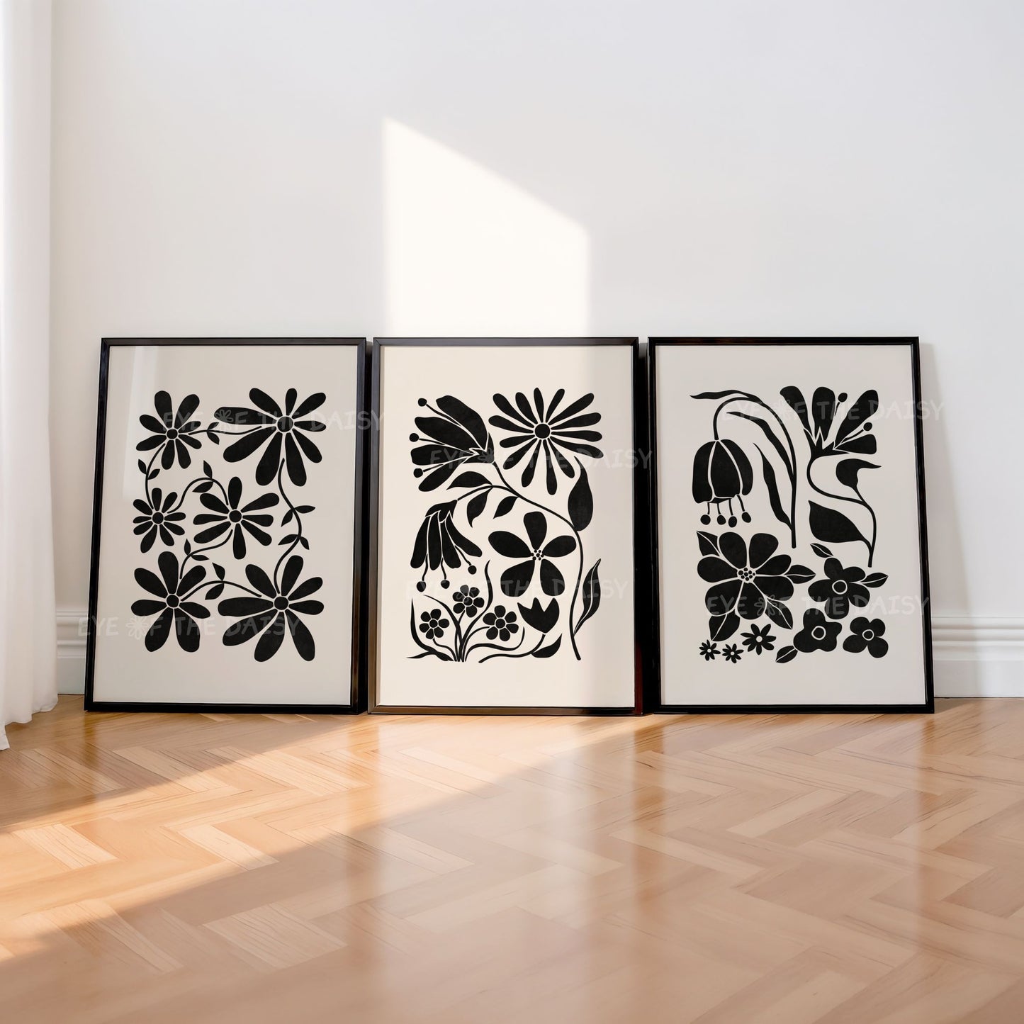 Abstract floral wall art set of 3 – neutral beige and black botanical cut-out triptych, printable decor perfect for chic home office