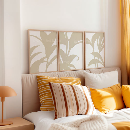 Beige botanical art print set of 3, printable poster for boho living room, digital download wall decor, DIY gallery wall