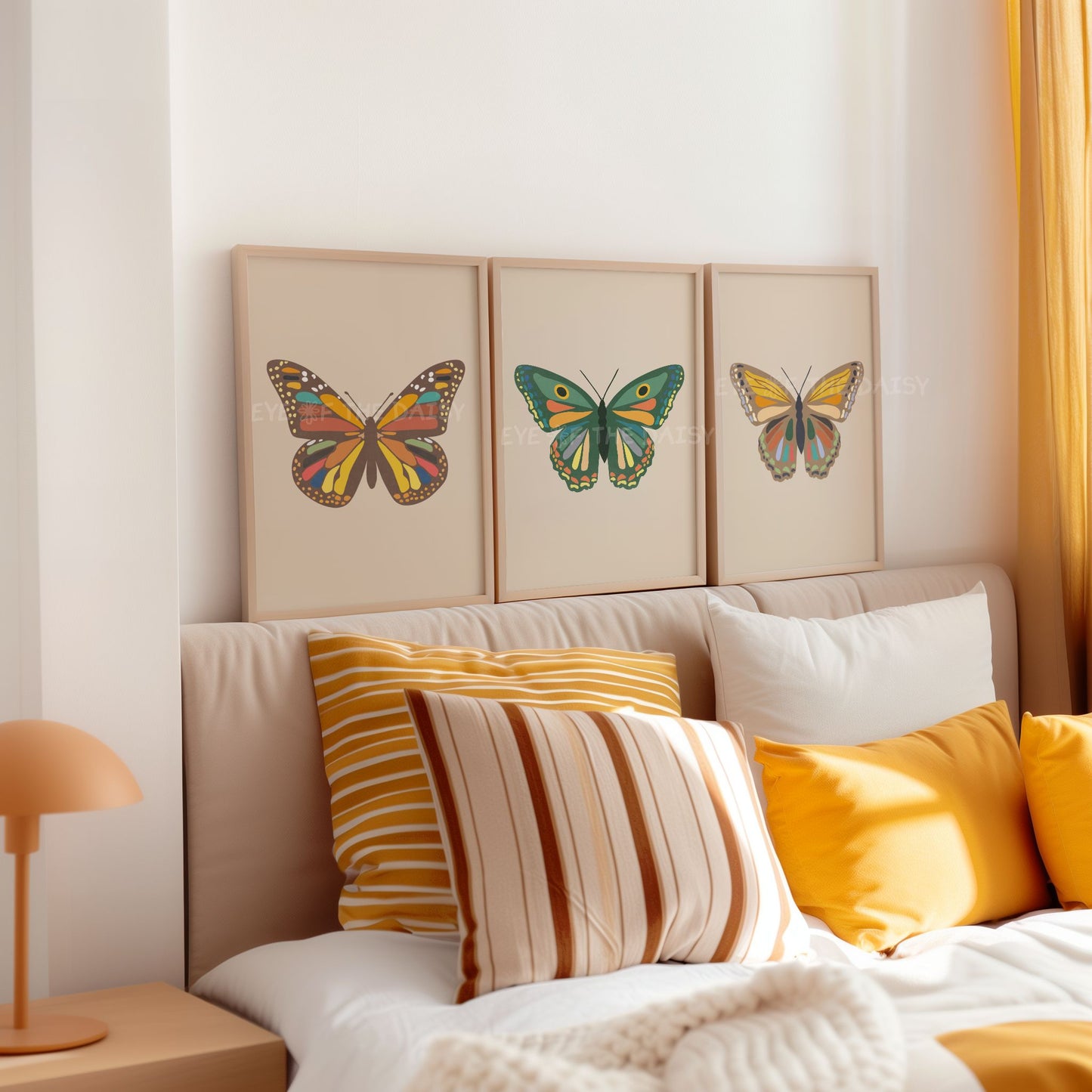Boho butterfly gallery wall set of three prints in beige, brown, green, mustard and terracotta tones, great above bed decor