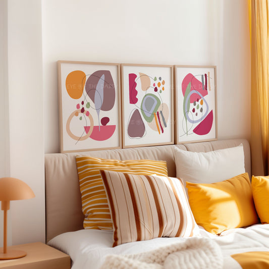 Bold abstract organic shapes printable wall art set of 3 prints, fun wall print set for modern Scandinavian bedroom decor