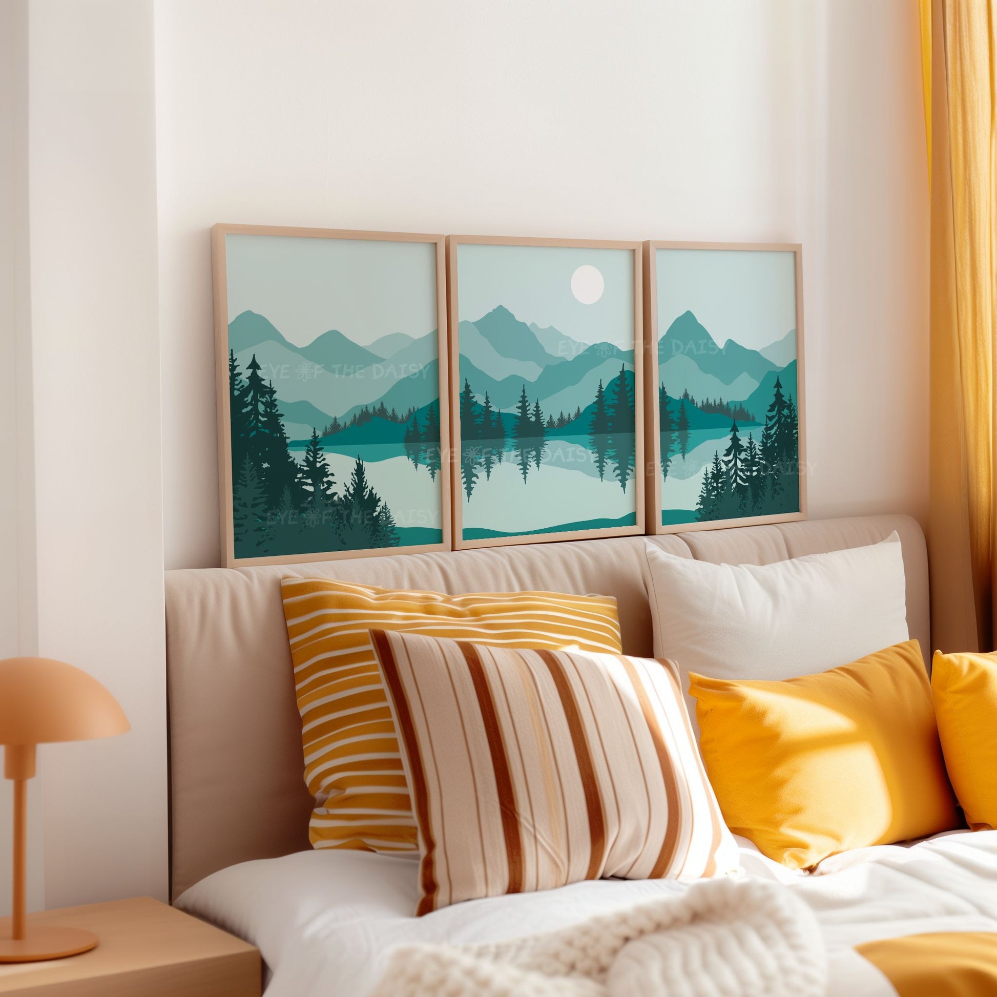 Set of 3 mid century modern abstract landscape prints, in calming teal blue tones, showing a mountain scene with trees and a lake