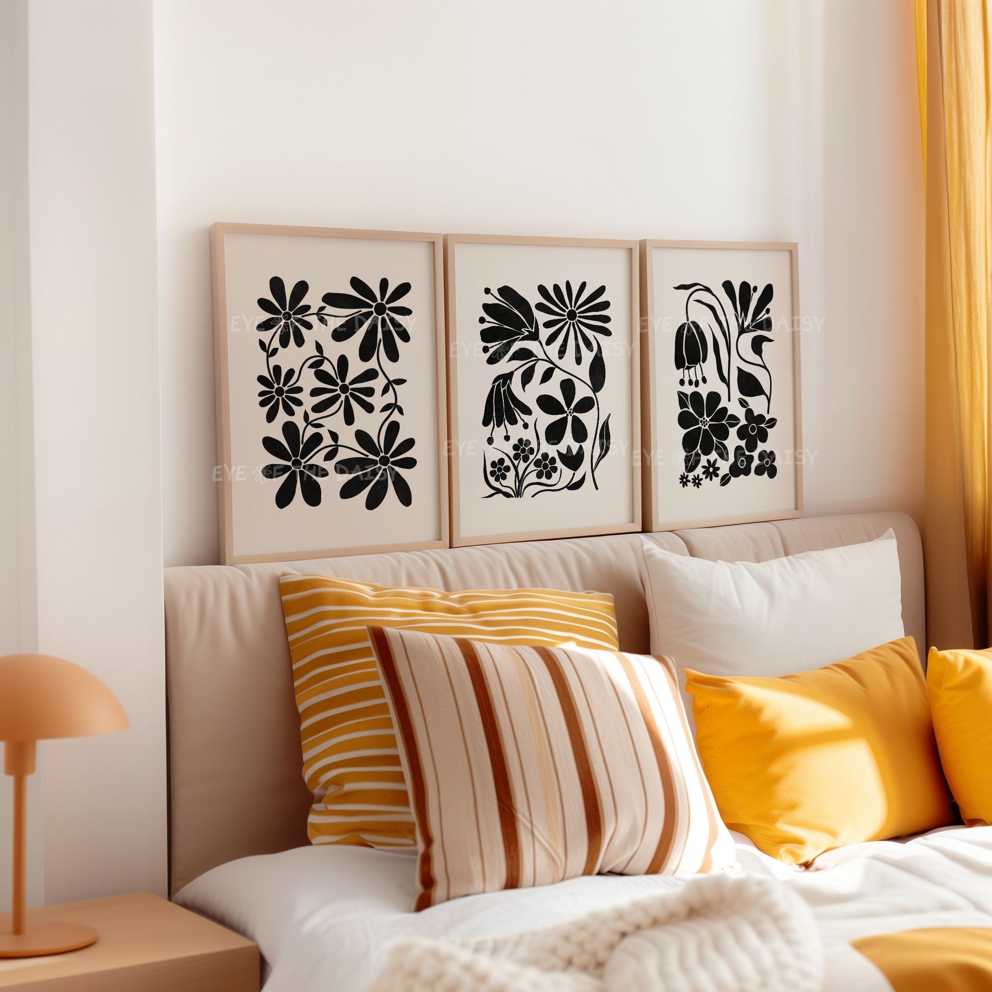 Modern bedroom print set of 3 – neutral botanical wall art in black and beige, abstract floral cut-outs, digital download gallery set