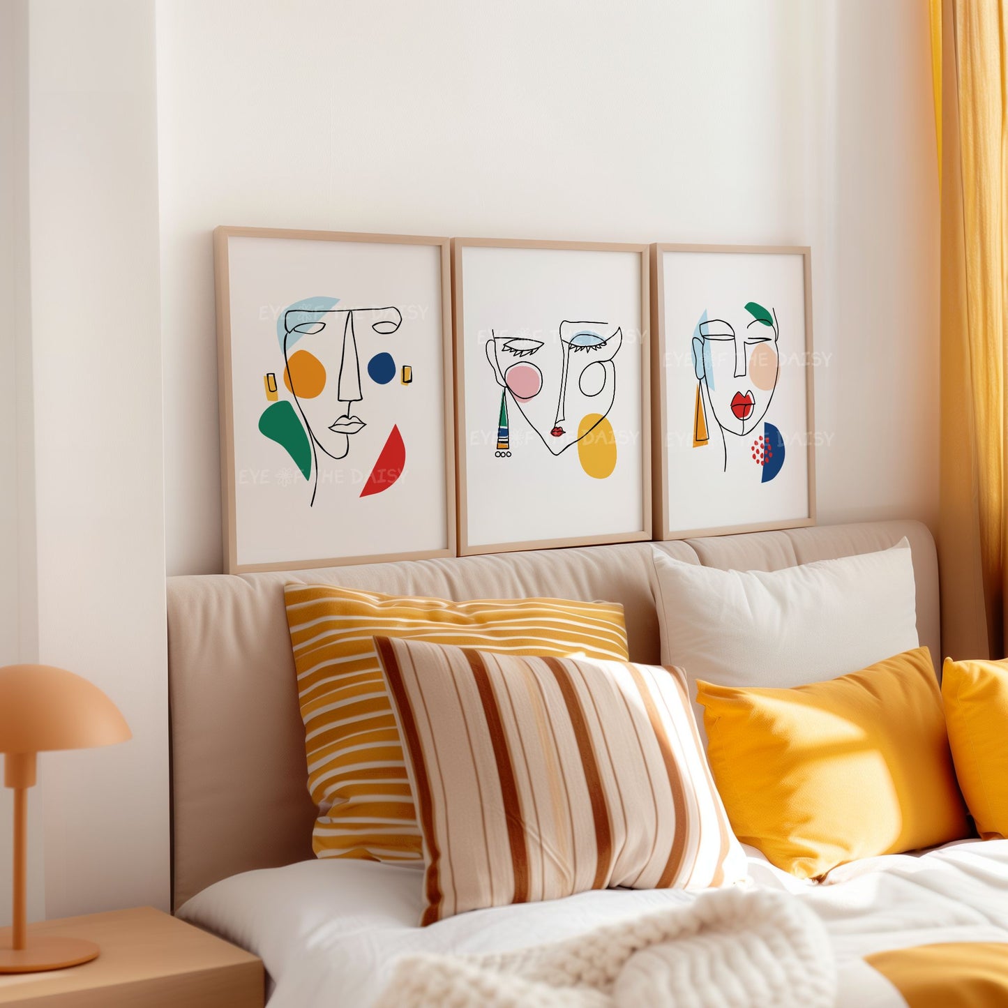 Three piece abstract face poster set, printable line art with color patches, modern download for maximalist bedroom
