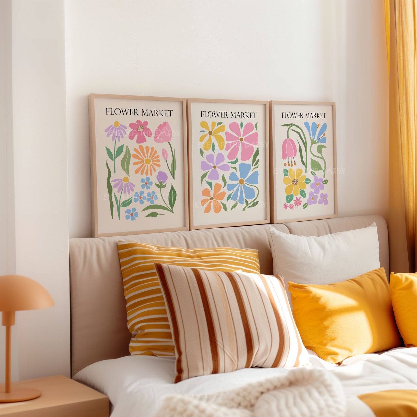 Boho bedroom pastel floral print set – colourful botanical cut-outs on beige, printable Flower Market posters for modern Scandi decor