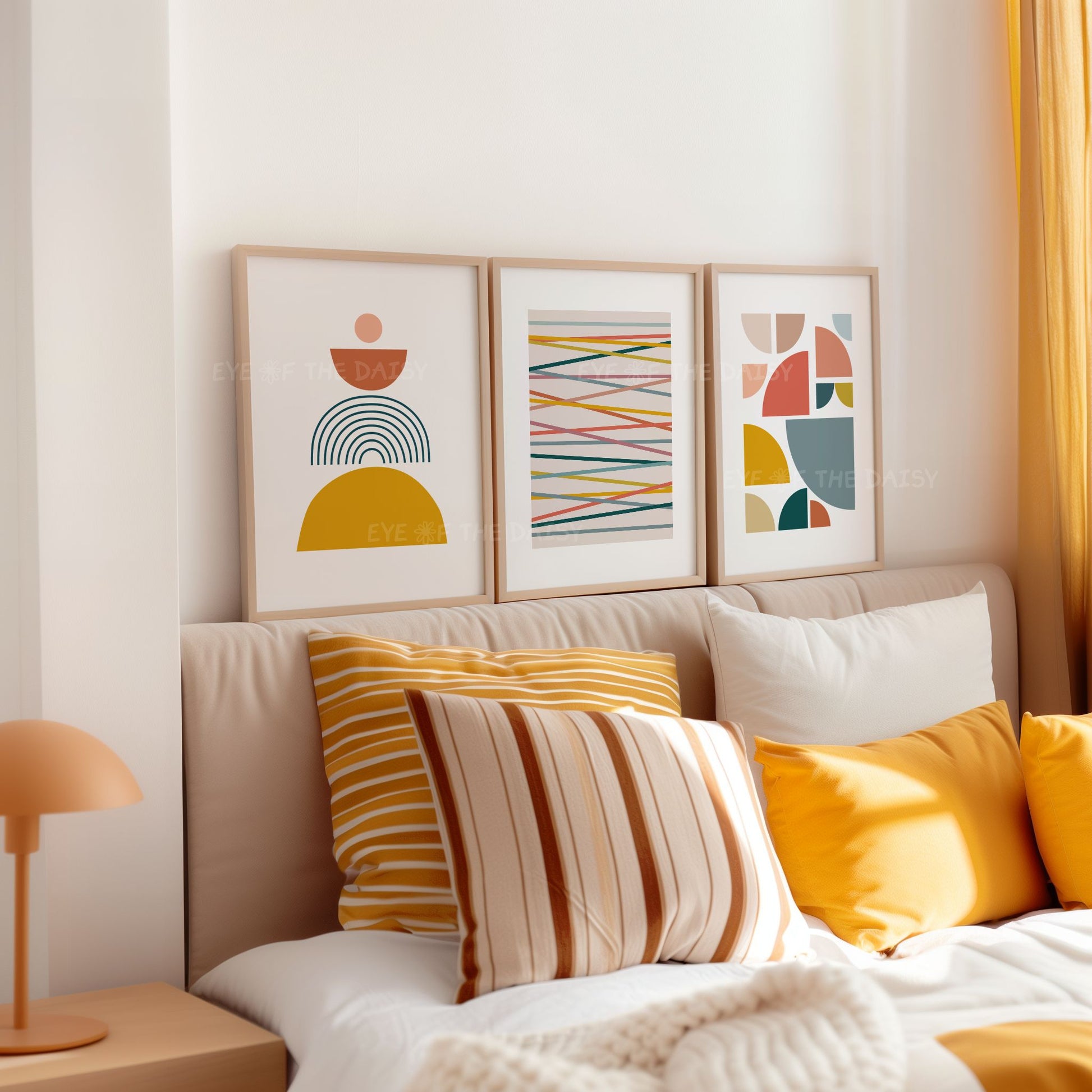 Printable mid century modern wall art trio in mustard bedroom – geometric poster download set for bedroom decor