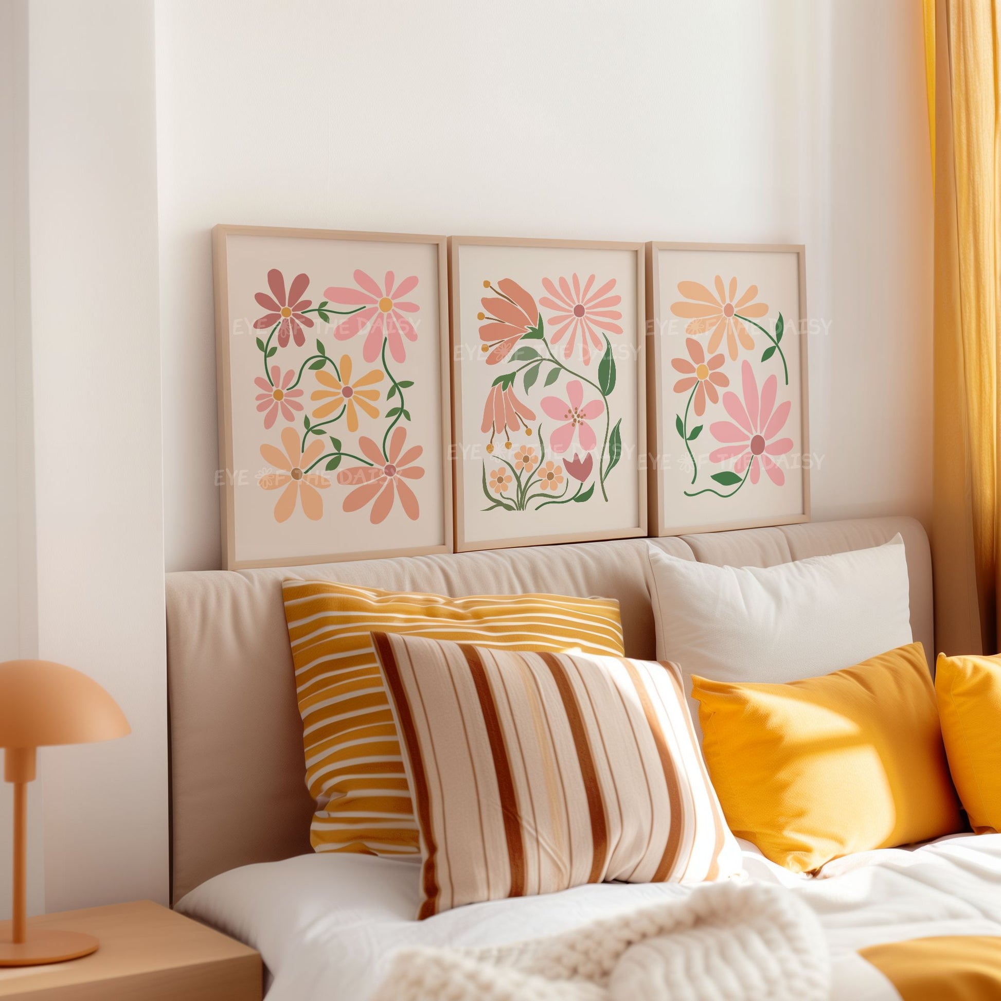 Neutral floral wall art set of 3 – modern bedroom printables in warm beige, terracotta and blush tones, boho botanical prints