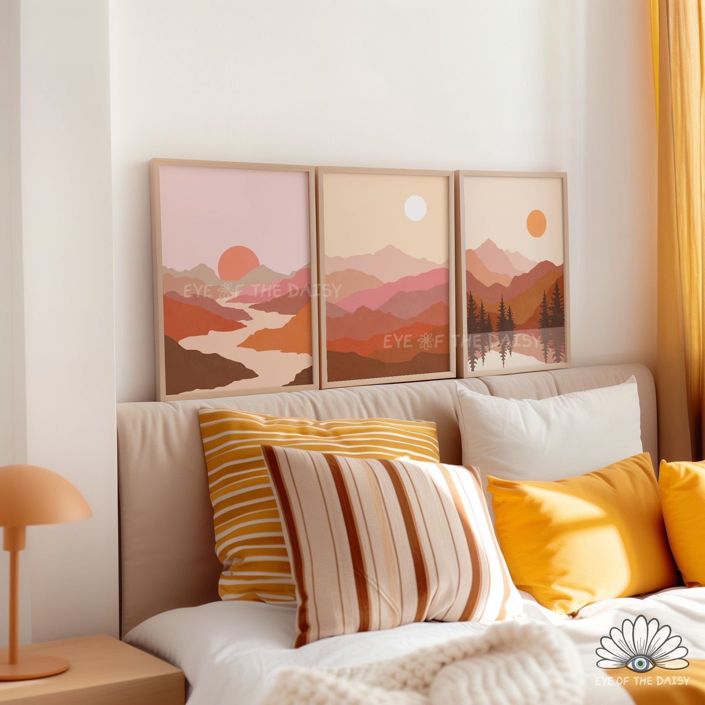 Mid century modern triptych wall art, earth tone terracotta mountain print set of 3 for above bed